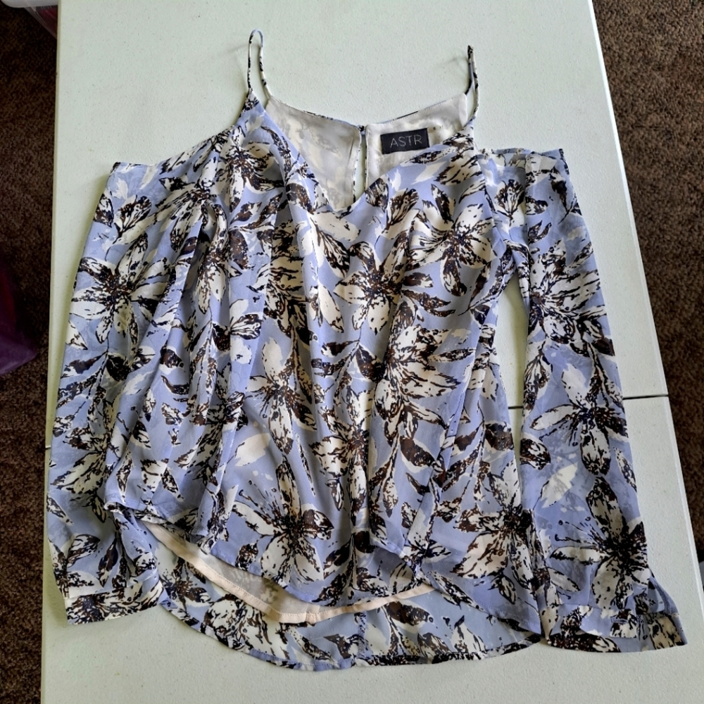 Astr Blue Floral Cold Shoulder Blouse